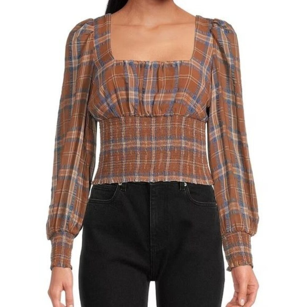 Gianni Bini Square Neck Smocked Blouse Womens Size 10 Plaid Sheer Long Sleeve